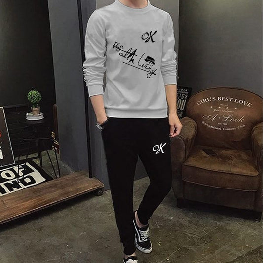 Mens Printed Tracksuit Set Soft Fabric Stylish T Shirt and Trouser Comfortable Fashionable Outfit - L